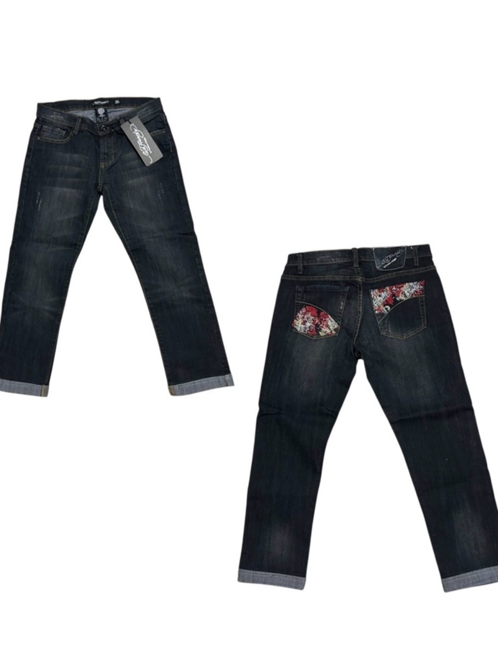 ED HARDY NWT Vintage Dark Wash Beautiful Ghost Embellished Pocket Cropped Jeans